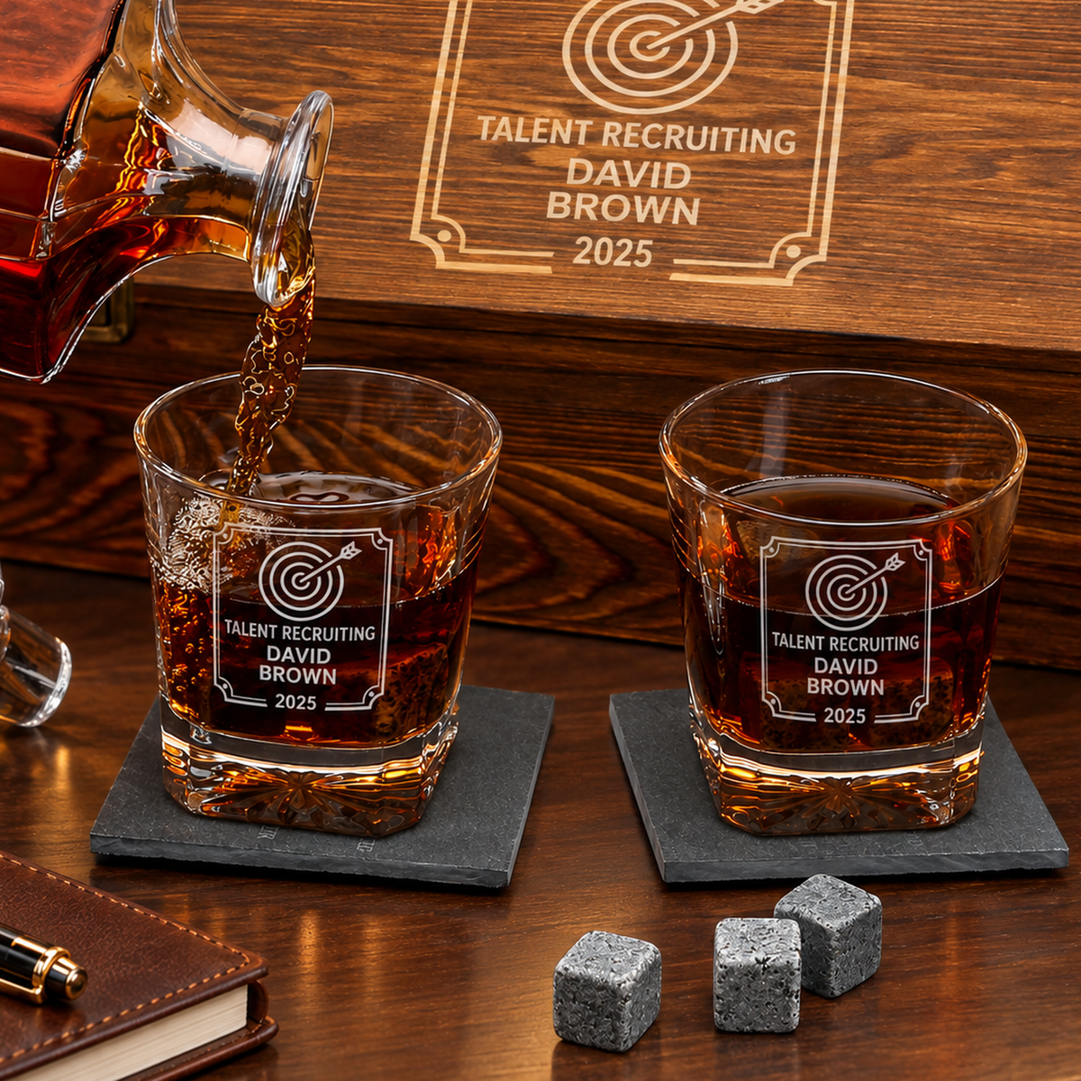 Human Resources Company Gifts – Square Decanter Set with 2 Glasses, 9 Whiskey Stones & Wooden Box – image 04