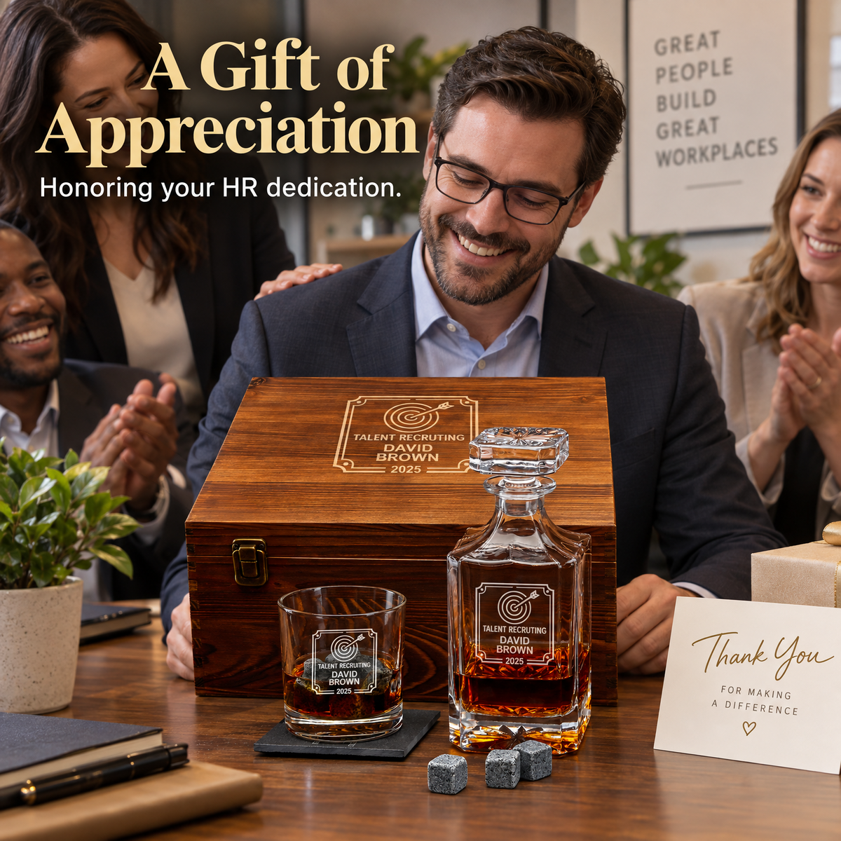 Human Resources Company Gifts – Square Decanter Set with 2 Glasses, 9 Whiskey Stones & Wooden Box – image 05