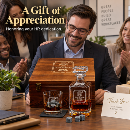 Human Resources Company Gifts – Square Decanter Set with 2 Glasses, 9 Whiskey Stones & Wooden Box – image 05