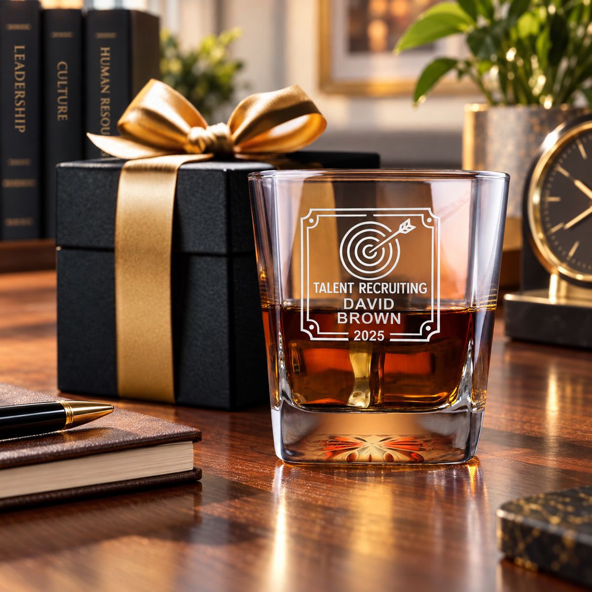 Human Resources Company Gifts – Square Decanter Set with 2 Glasses, 9 Whiskey Stones & Wooden Box product image