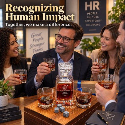 Human Resources Company Gifts – Square Decanter Set with 2 Glasses, 9 Whiskey Stones & Wooden Box – image 09