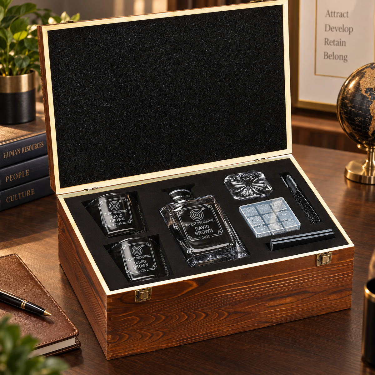 Human Resources Company Gifts – Square Decanter Set with 2 Glasses, 9 Whiskey Stones & Wooden Box product image