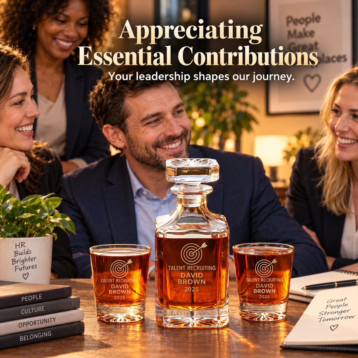 Human Resources Company Gifts – Square Decanter Set with 2 Glasses, 9 Whiskey Stones & Wooden Box product image