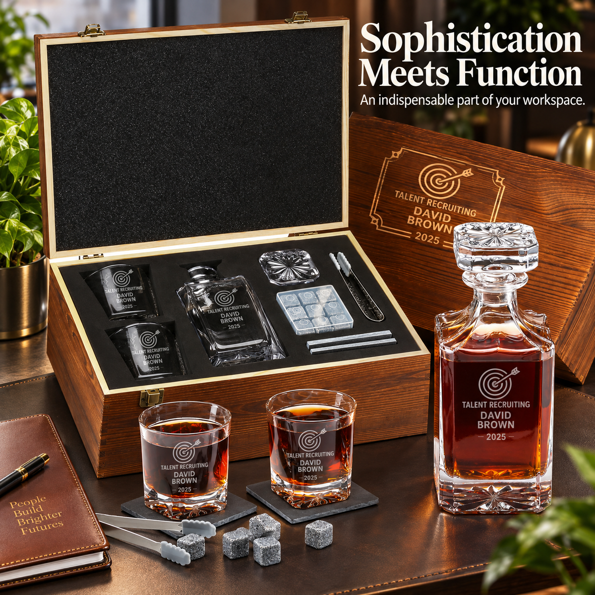 Human Resources Company Gifts – Square Decanter Set with 2 Glasses, 9 Whiskey Stones & Wooden Box – image 12