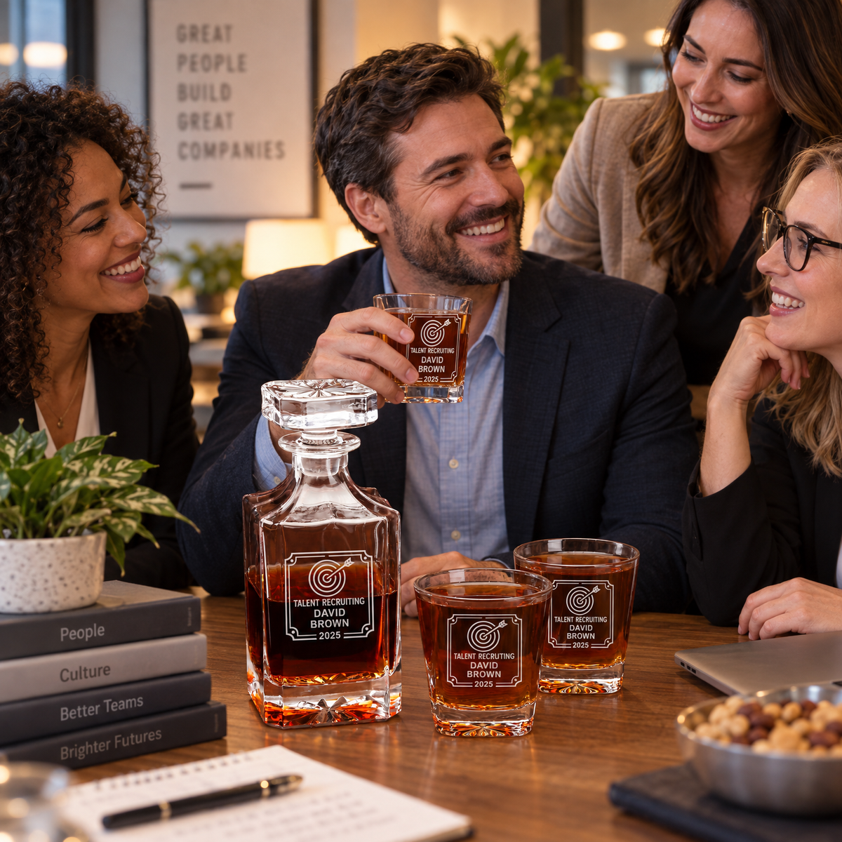 Human Resources Company Gifts – Square Decanter Set with 2 Glasses, 9 Whiskey Stones & Wooden Box product image