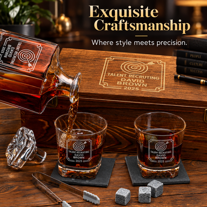 Human Resources Company Gifts – Square Decanter Set with 2 Glasses, 9 Whiskey Stones & Wooden Box – image 14