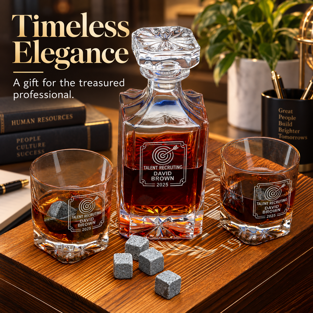 Human Resources Company Gifts – Square Decanter Set with 2 Glasses, 9 Whiskey Stones & Wooden Box – image 16