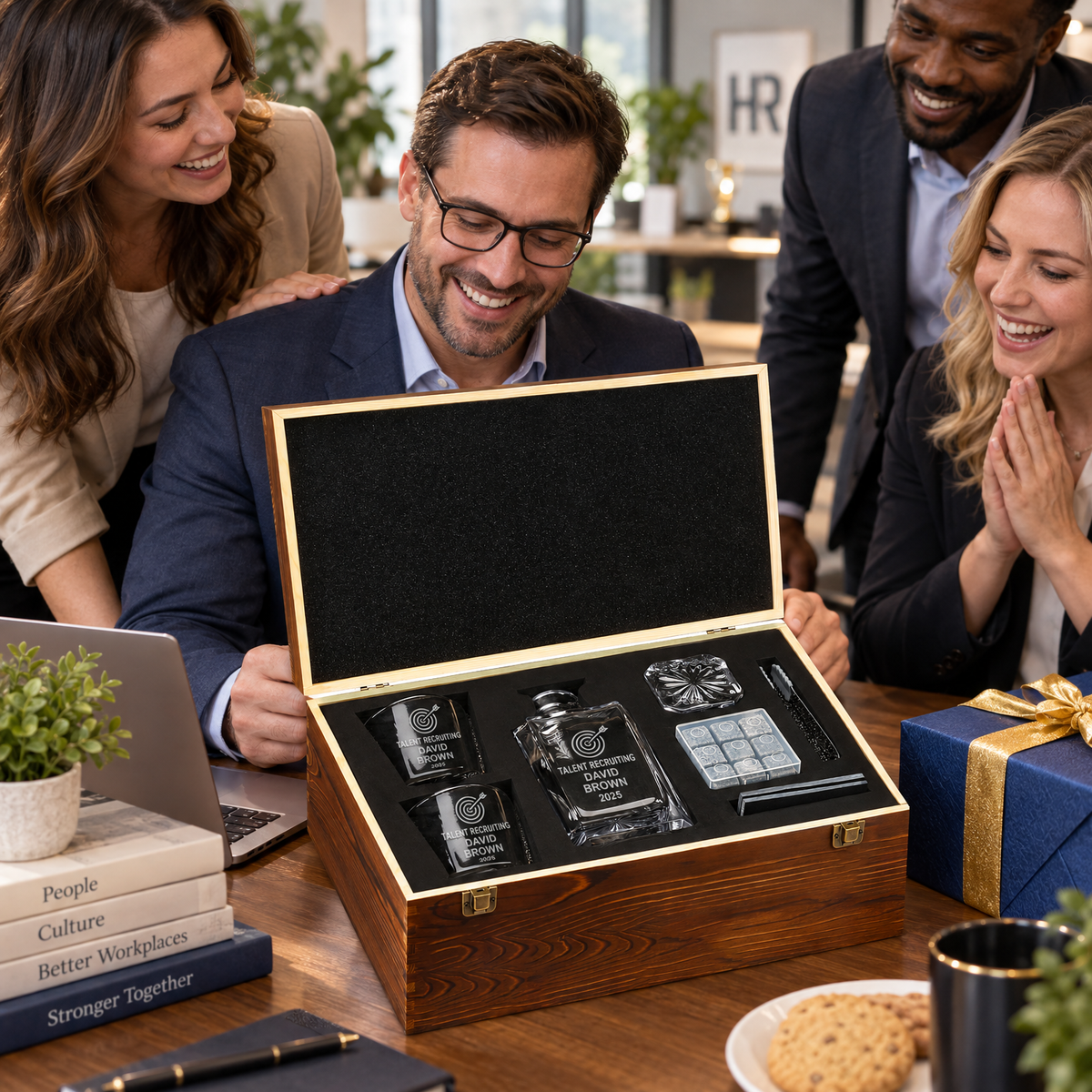 Human Resources Company Gifts – Square Decanter Set with 2 Glasses, 9 Whiskey Stones & Wooden Box – image 17