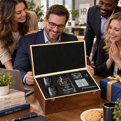 Human Resources Company Gifts – Square Decanter Set with 2 Glasses, 9 Whiskey Stones & Wooden Box – image 17