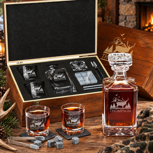 Gift for Hunters – Square Decanter Set with 2 Glasses, 9 Whiskey Stones & Wooden Box – image 01