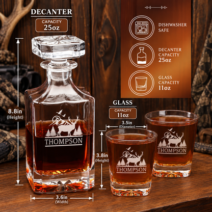 Gift for Hunters – Square Decanter Set with 2 Glasses, 9 Whiskey Stones & Wooden Box – image 02
