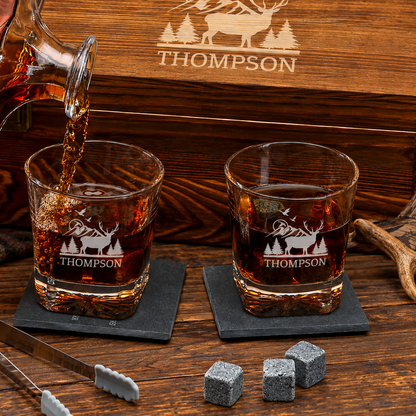 Gift for Hunters – Square Decanter Set with 2 Glasses, 9 Whiskey Stones & Wooden Box – image 04