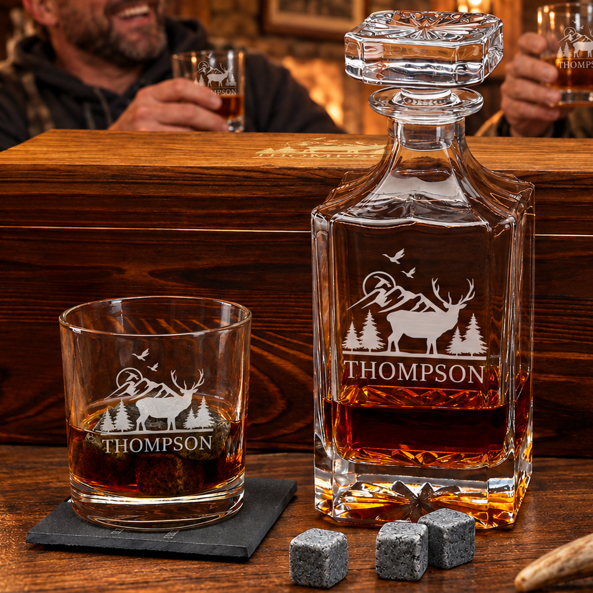 Gift for Hunters – Square Decanter Set with 2 Glasses, 9 Whiskey Stones & Wooden Box – image 05