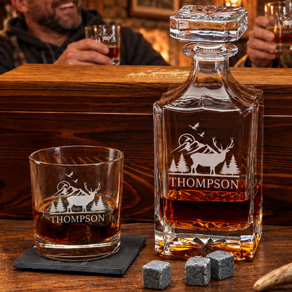 Gift for Hunters – Square Decanter Set with 2 Glasses, 9 Whiskey Stones & Wooden Box – image 05