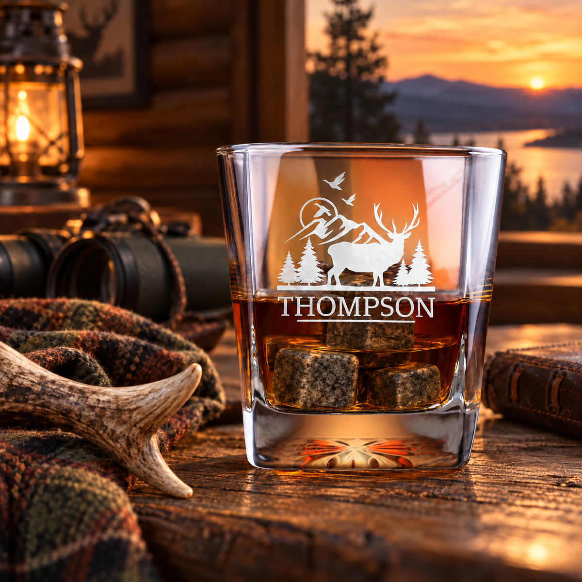 Gift for Hunters – Square Decanter Set with 2 Glasses, 9 Whiskey Stones & Wooden Box – image 06