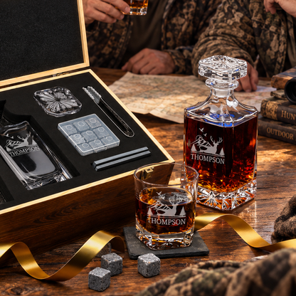 Gift for Hunters – Square Decanter Set with 2 Glasses, 9 Whiskey Stones & Wooden Box – image 07
