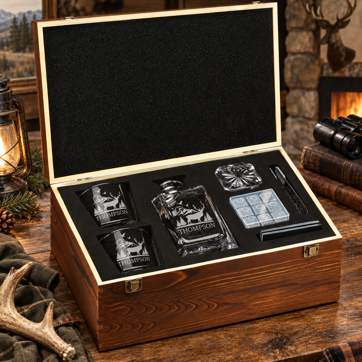 Gift for Hunters – Square Decanter Set with 2 Glasses, 9 Whiskey Stones & Wooden Box product image