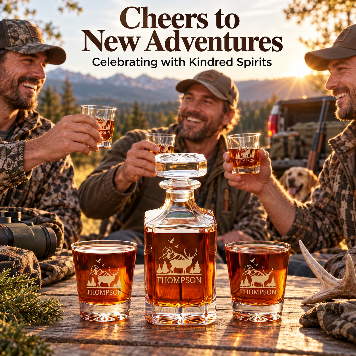 Gift for Hunters – Square Decanter Set with 2 Glasses, 9 Whiskey Stones & Wooden Box product image