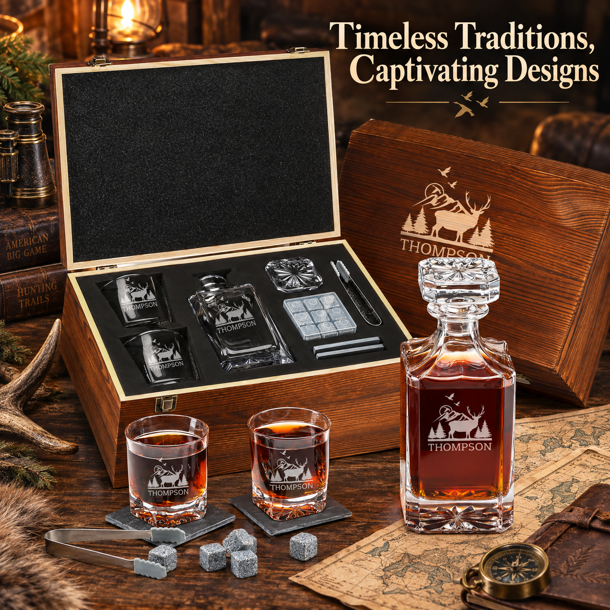 Gift for Hunters – Square Decanter Set with 2 Glasses, 9 Whiskey Stones & Wooden Box – image 12