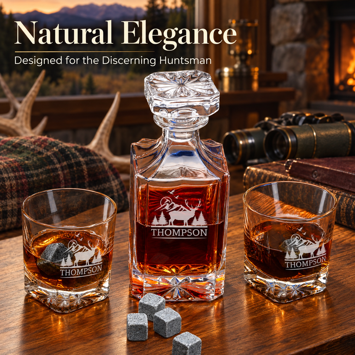 Gift for Hunters – Square Decanter Set with 2 Glasses, 9 Whiskey Stones & Wooden Box product image
