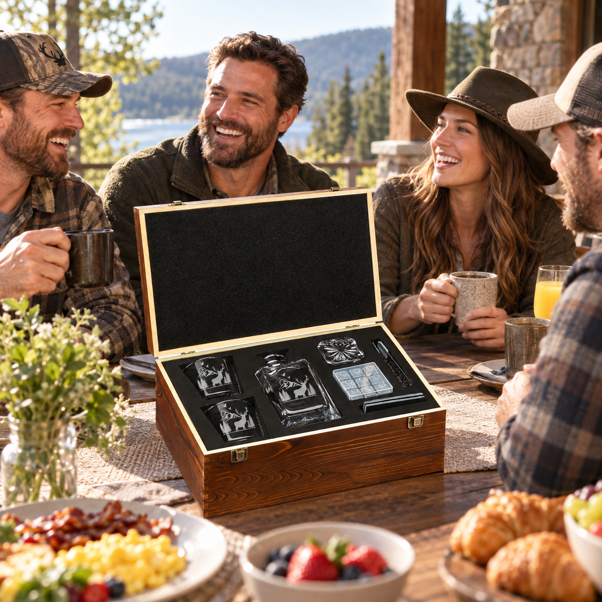 Gift for Hunters – Square Decanter Set with 2 Glasses, 9 Whiskey Stones & Wooden Box product image