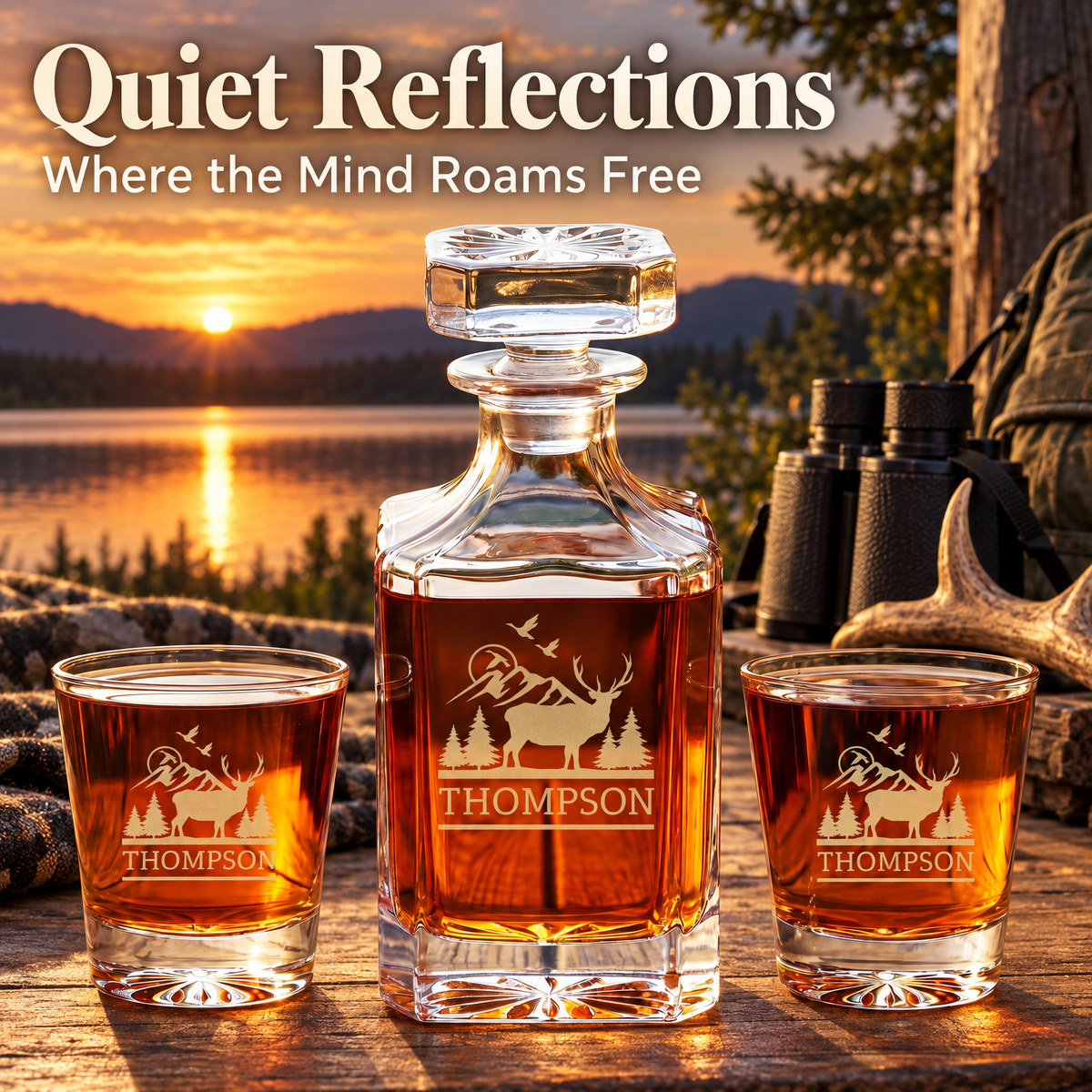 Gift for Hunters – Square Decanter Set with 2 Glasses, 9 Whiskey Stones & Wooden Box – image 18