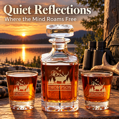 Gift for Hunters – Square Decanter Set with 2 Glasses, 9 Whiskey Stones & Wooden Box – image 18