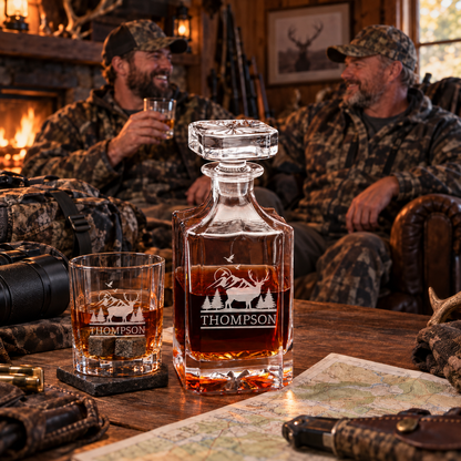 Gift for Hunters – Square Decanter Set with 2 Glasses, 9 Whiskey Stones & Wooden Box – image 19