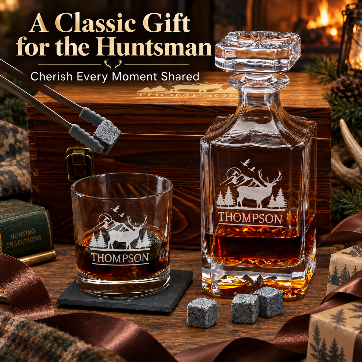 Gift for Hunters – Square Decanter Set with 2 Glasses, 9 Whiskey Stones & Wooden Box product image