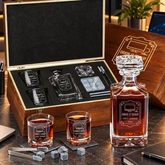 Technology Company Gifts – Square Decanter Set with 2 Glasses, 9 Whiskey Stones & Wooden Box – image 01