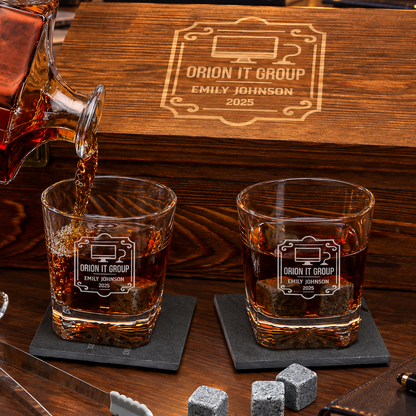 Technology Company Gifts – Square Decanter Set with 2 Glasses, 9 Whiskey Stones & Wooden Box – image 04