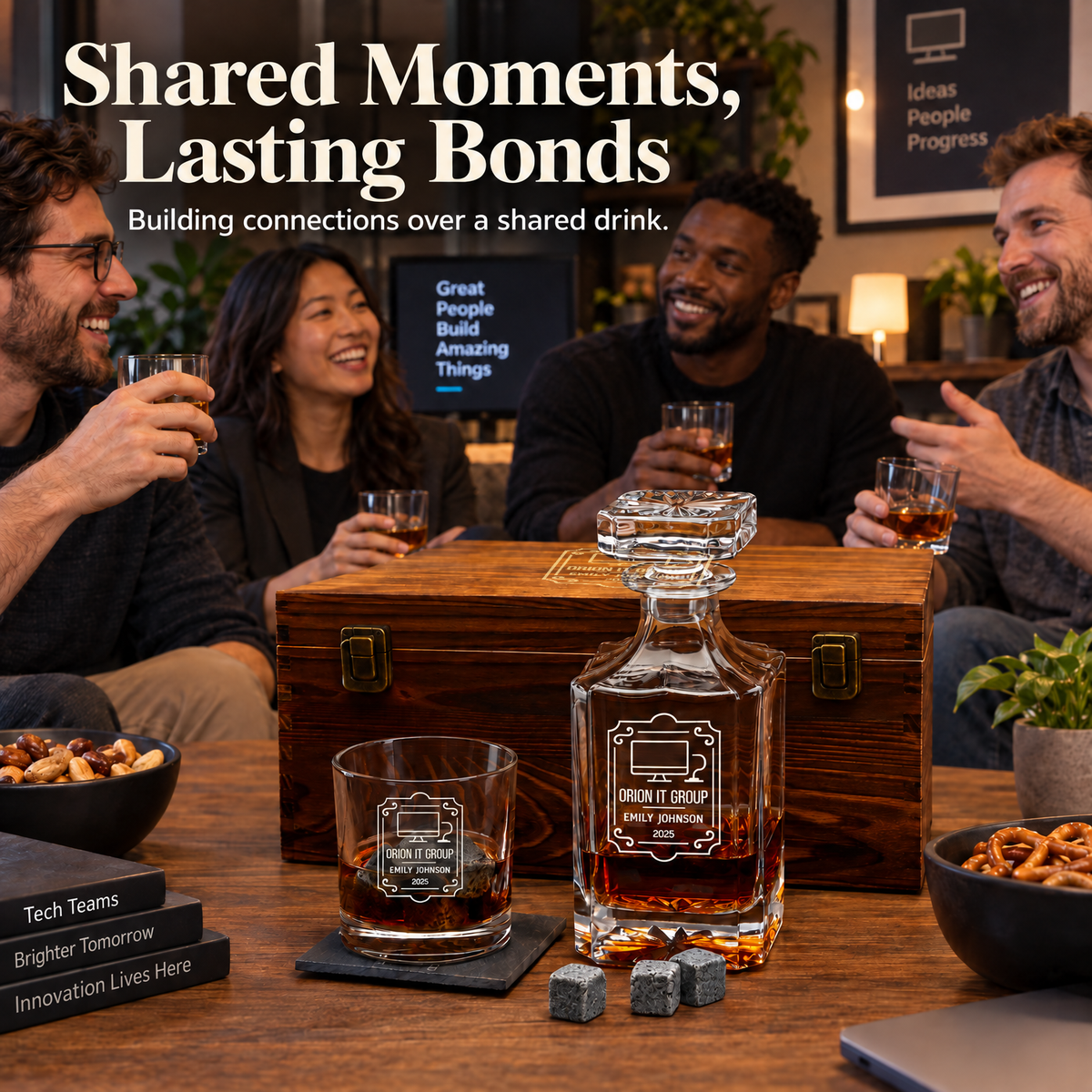 Technology Company Gifts – Square Decanter Set with 2 Glasses, 9 Whiskey Stones & Wooden Box product image