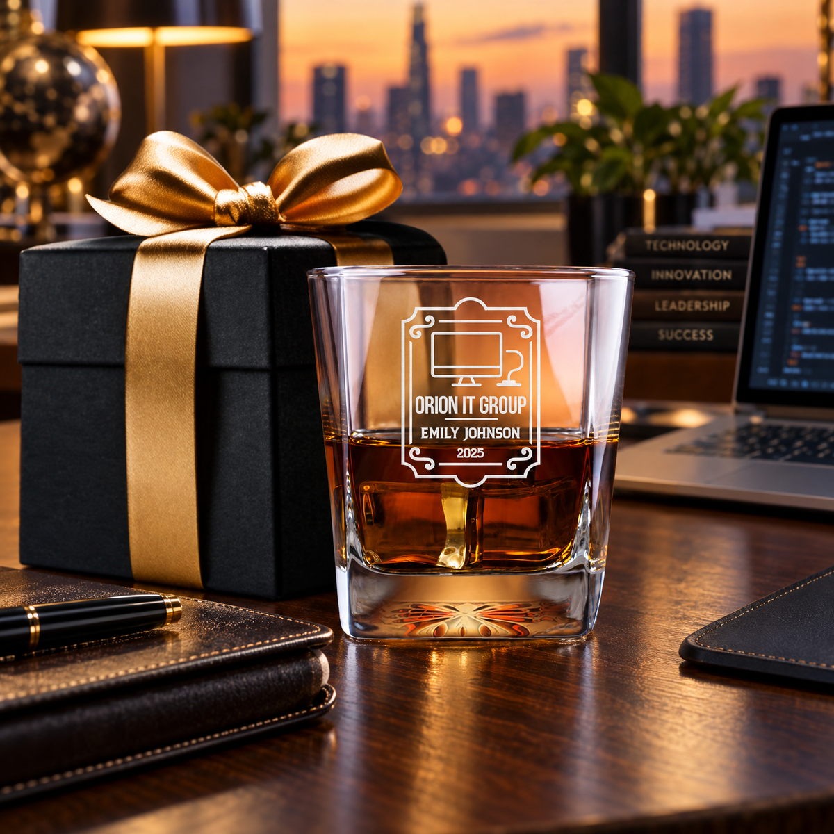 Technology Company Gifts – Square Decanter Set with 2 Glasses, 9 Whiskey Stones & Wooden Box product image