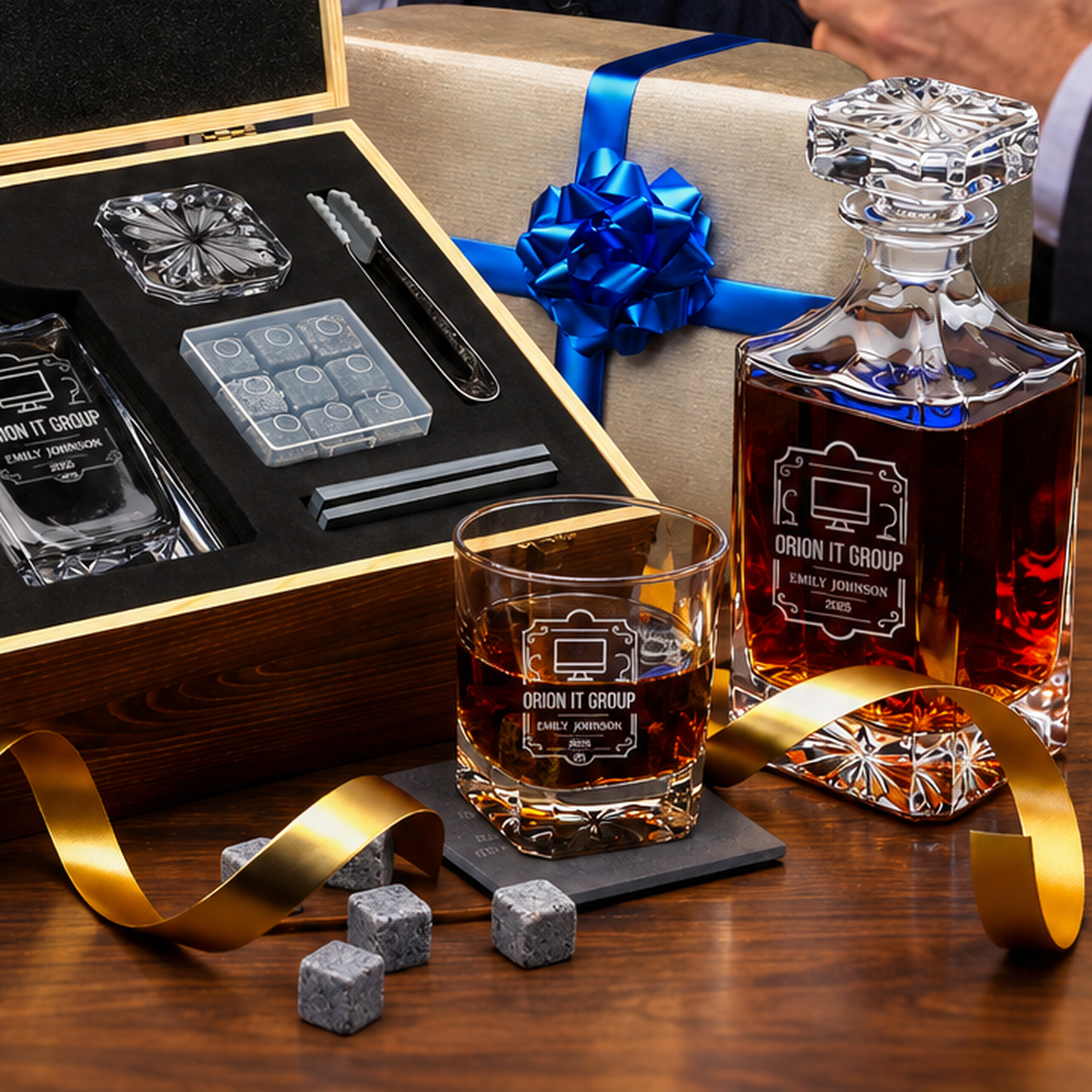 Technology Company Gifts – Square Decanter Set with 2 Glasses, 9 Whiskey Stones & Wooden Box product image