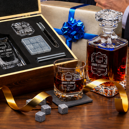 Technology Company Gifts – Square Decanter Set with 2 Glasses, 9 Whiskey Stones & Wooden Box – image 07