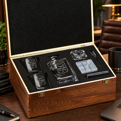 Technology Company Gifts – Square Decanter Set with 2 Glasses, 9 Whiskey Stones & Wooden Box – image 10