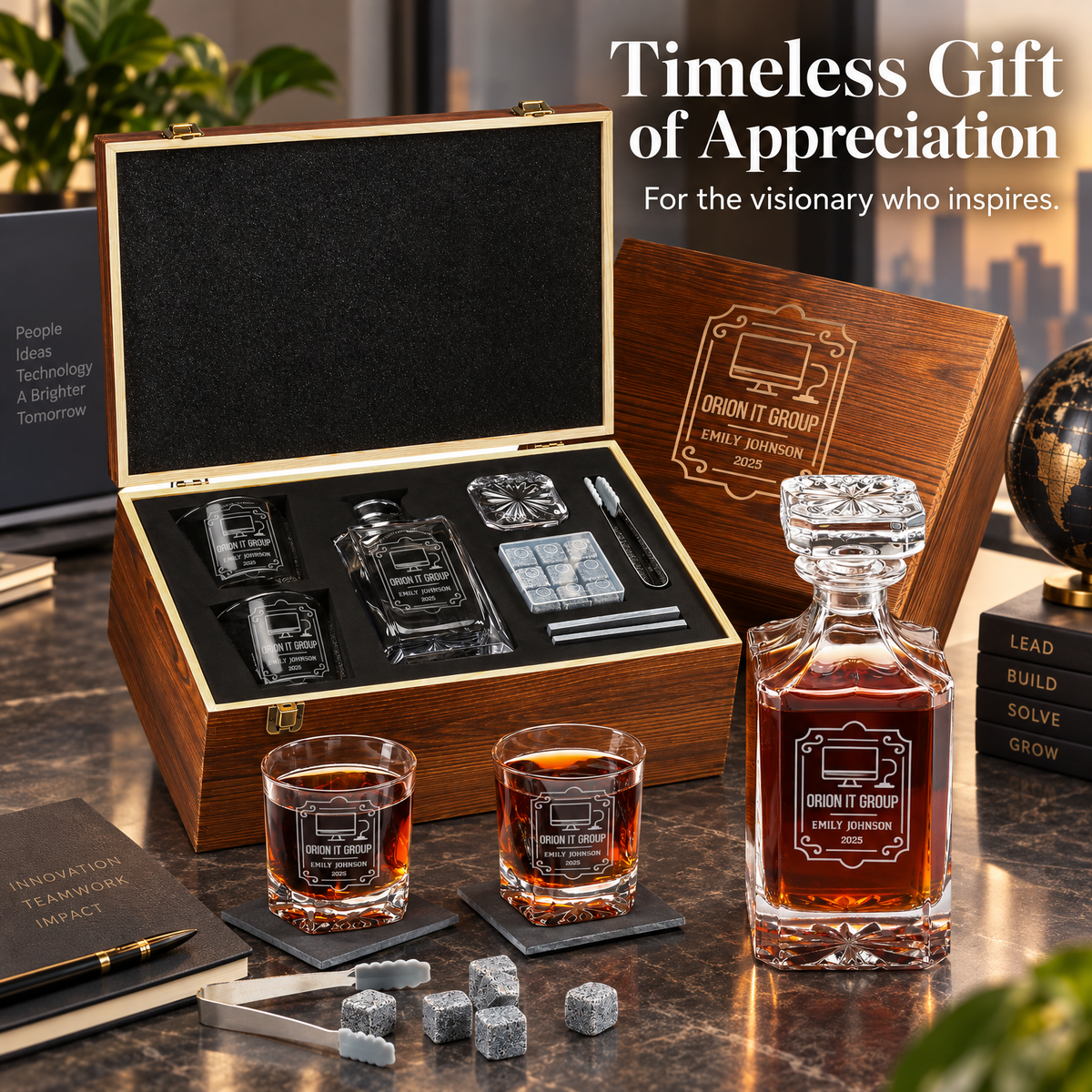 Technology Company Gifts – Square Decanter Set with 2 Glasses, 9 Whiskey Stones & Wooden Box – image 12