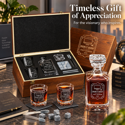 Technology Company Gifts – Square Decanter Set with 2 Glasses, 9 Whiskey Stones & Wooden Box – image 12