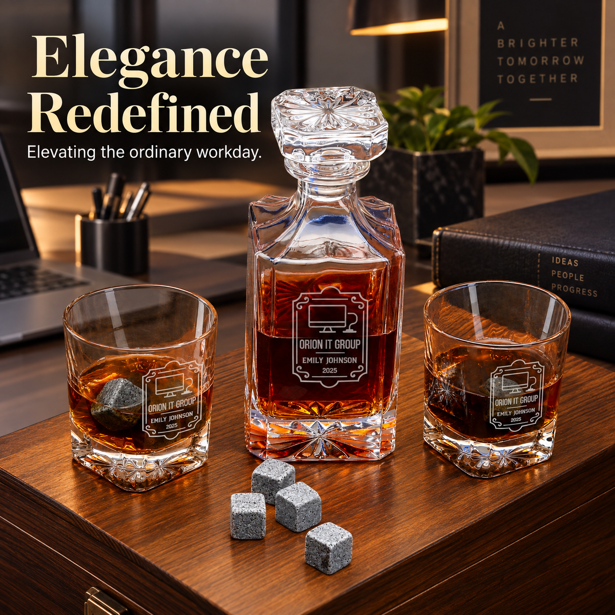 Technology Company Gifts – Square Decanter Set with 2 Glasses, 9 Whiskey Stones & Wooden Box – image 16