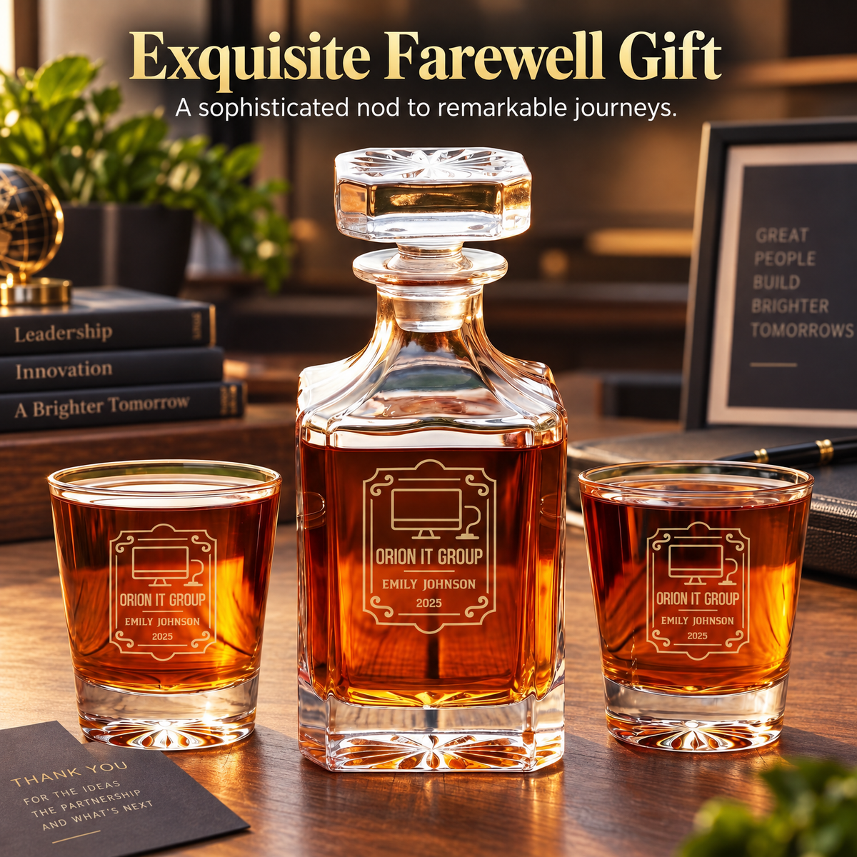 Technology Company Gifts – Square Decanter Set with 2 Glasses, 9 Whiskey Stones & Wooden Box product image