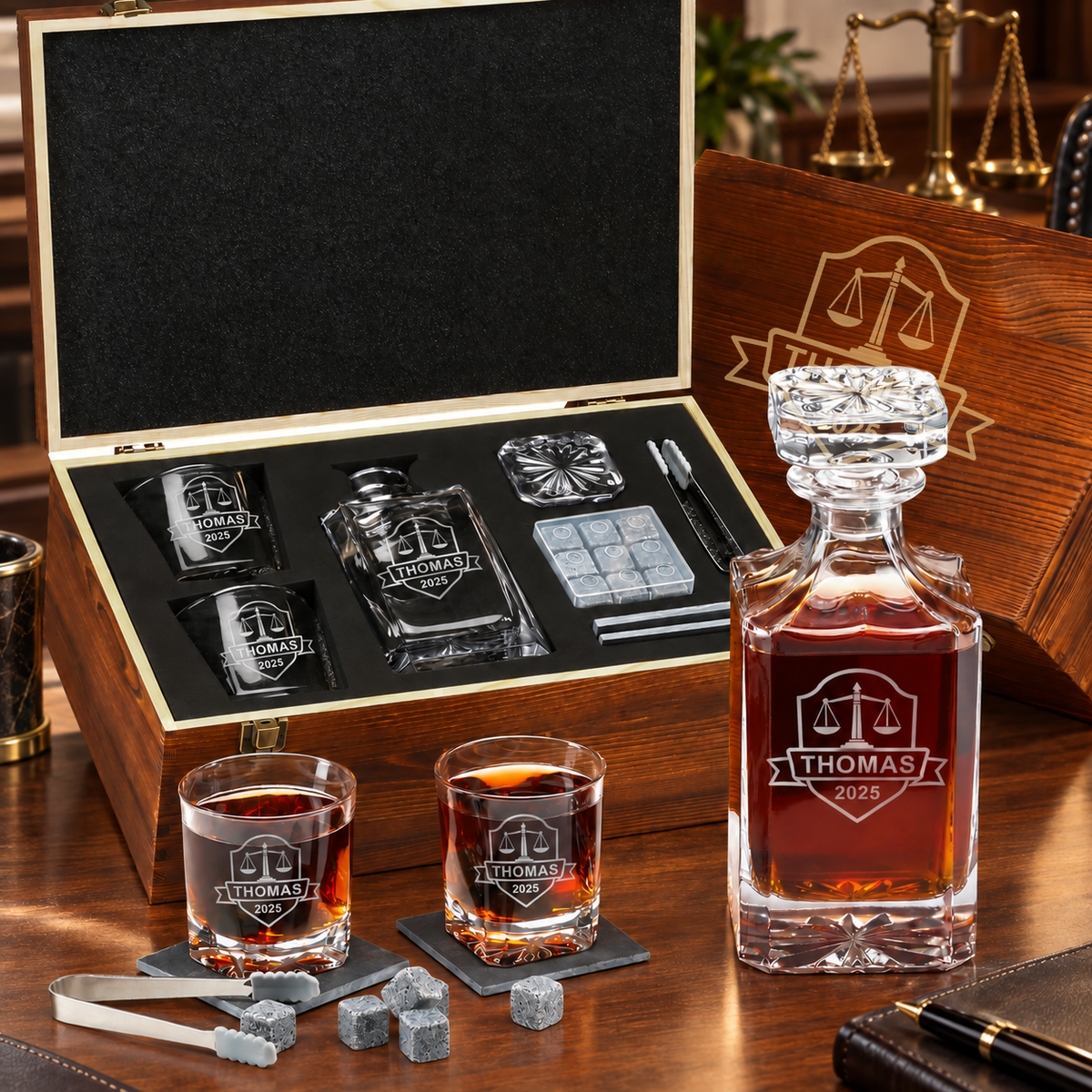 Legal Company Gifts – Square Decanter Set with 2 Glasses, 9 Whiskey Stones & Wooden Box – image 01