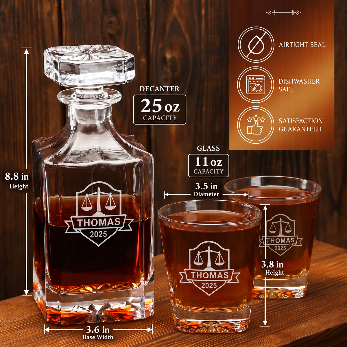 Legal Company Gifts – Square Decanter Set with 2 Glasses, 9 Whiskey Stones & Wooden Box – image 02
