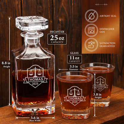 Legal Company Gifts – Square Decanter Set with 2 Glasses, 9 Whiskey Stones & Wooden Box – image 02