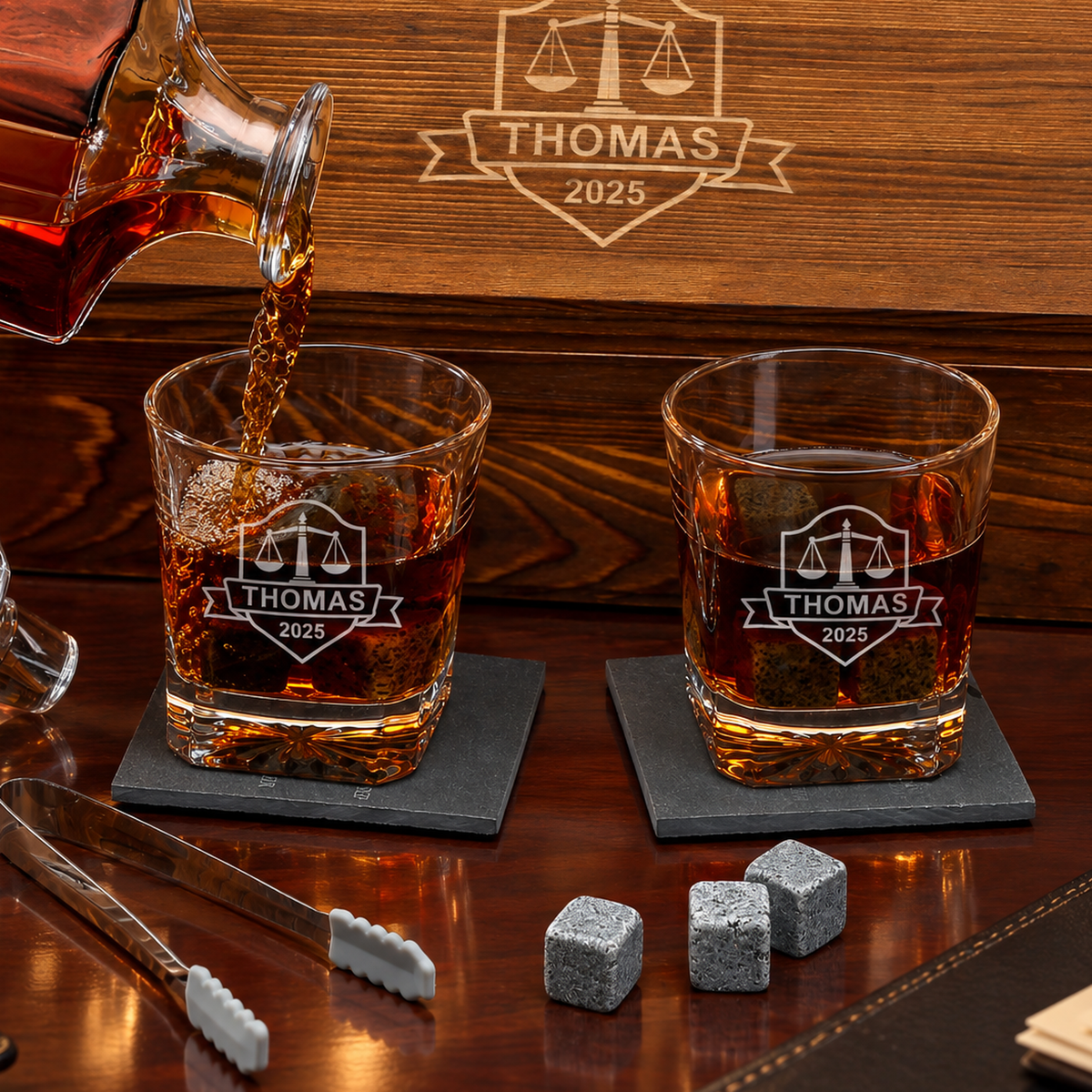 Legal Company Gifts – Square Decanter Set with 2 Glasses, 9 Whiskey Stones & Wooden Box product image