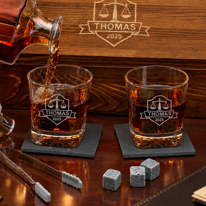 Legal Company Gifts – Square Decanter Set with 2 Glasses, 9 Whiskey Stones & Wooden Box – image 04
