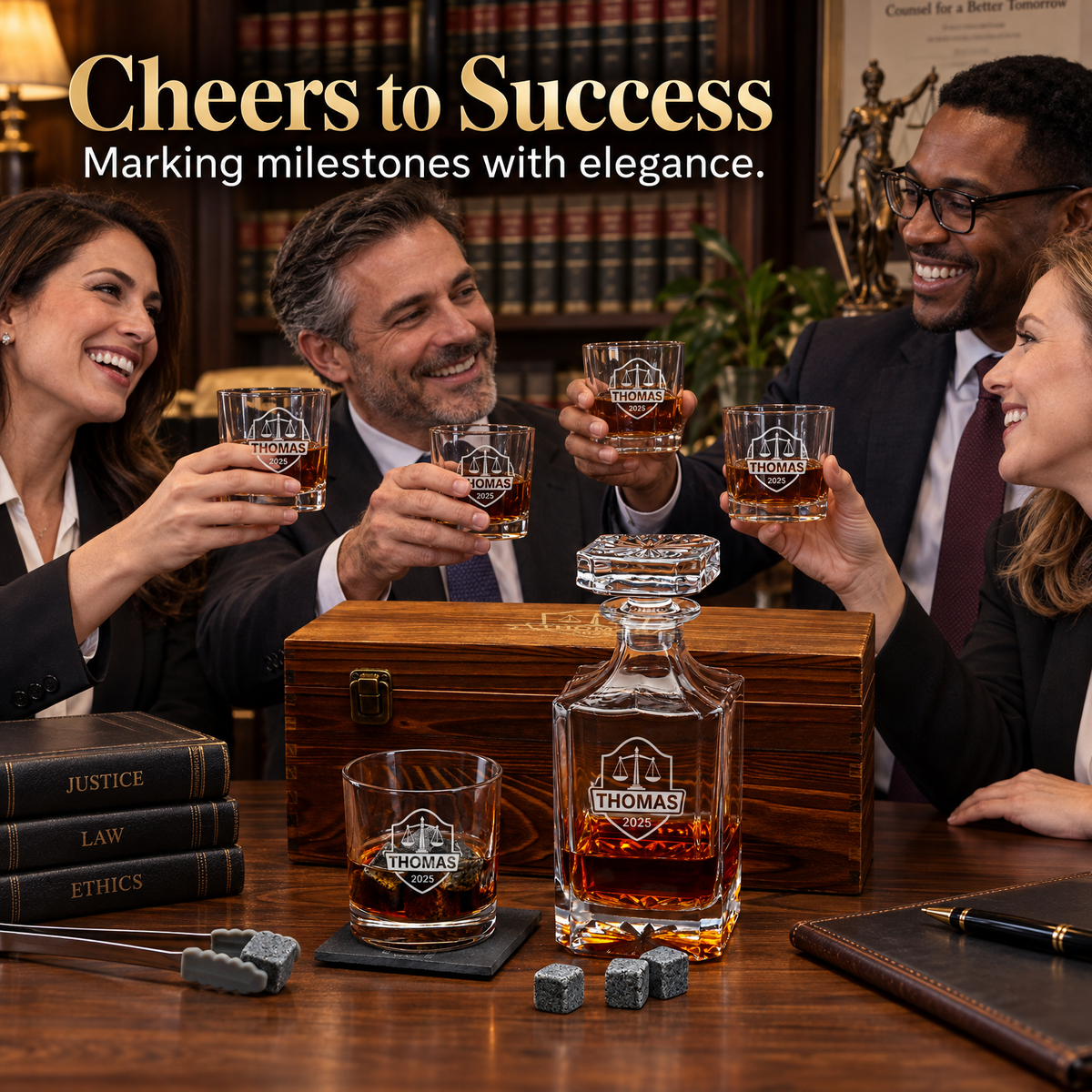 Legal Company Gifts – Square Decanter Set with 2 Glasses, 9 Whiskey Stones & Wooden Box – image 05