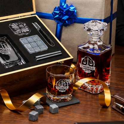 Legal Company Gifts – Square Decanter Set with 2 Glasses, 9 Whiskey Stones & Wooden Box – image 07