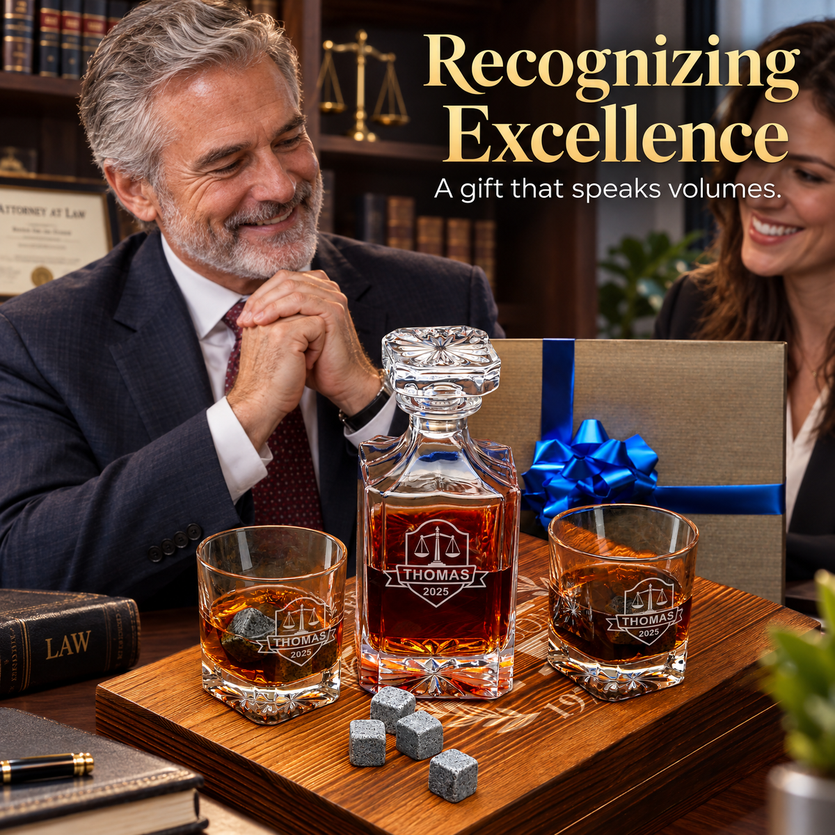 Legal Company Gifts – Square Decanter Set with 2 Glasses, 9 Whiskey Stones & Wooden Box – image 09