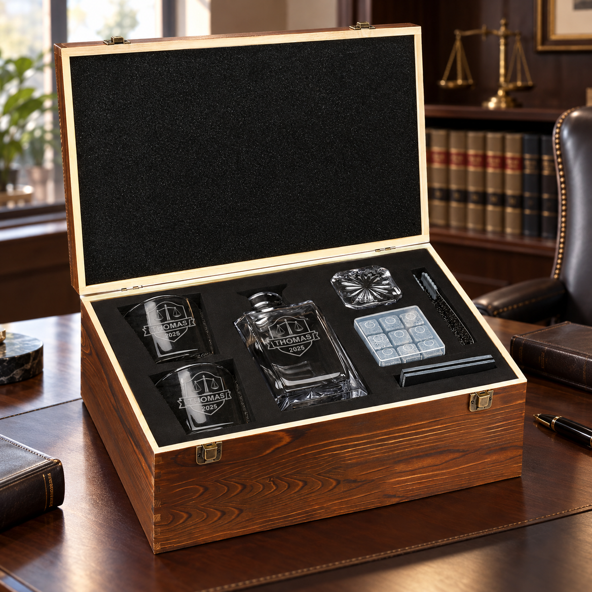 Legal Company Gifts – Square Decanter Set with 2 Glasses, 9 Whiskey Stones & Wooden Box product image