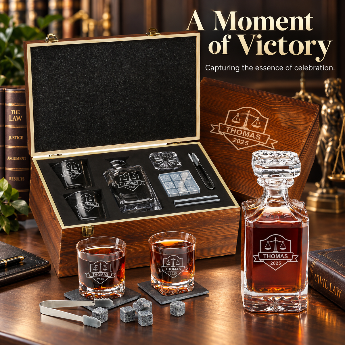 Legal Company Gifts – Square Decanter Set with 2 Glasses, 9 Whiskey Stones & Wooden Box – image 12
